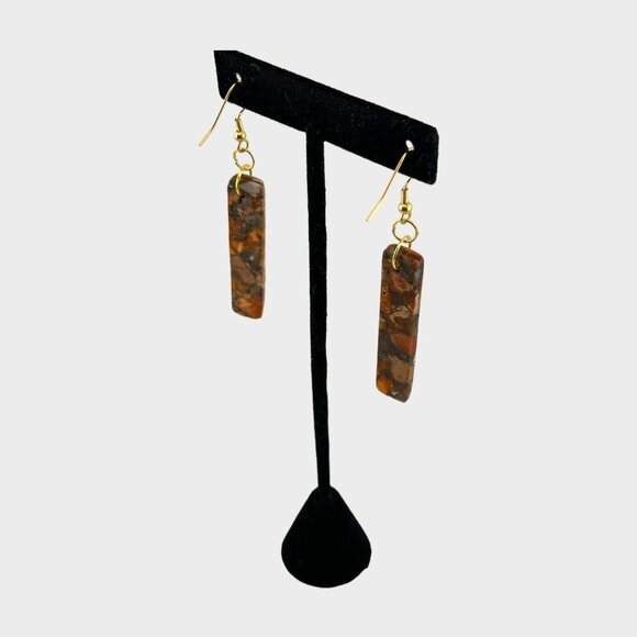 Orange Jasper Impressions Pyrite Earrings Natural Gemstones Gold Plated - Picture 6 of 10